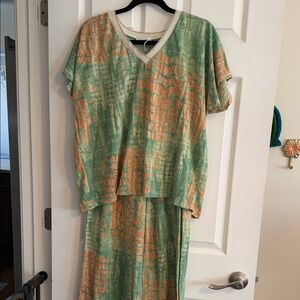 Green and Peach Wide-Leg Jumpsuit Set with V-Neck